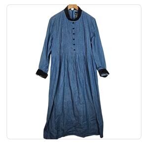 Vintage Positive Attitude Denim Maxi Dress Velvet Detail 90s Boho Size 14